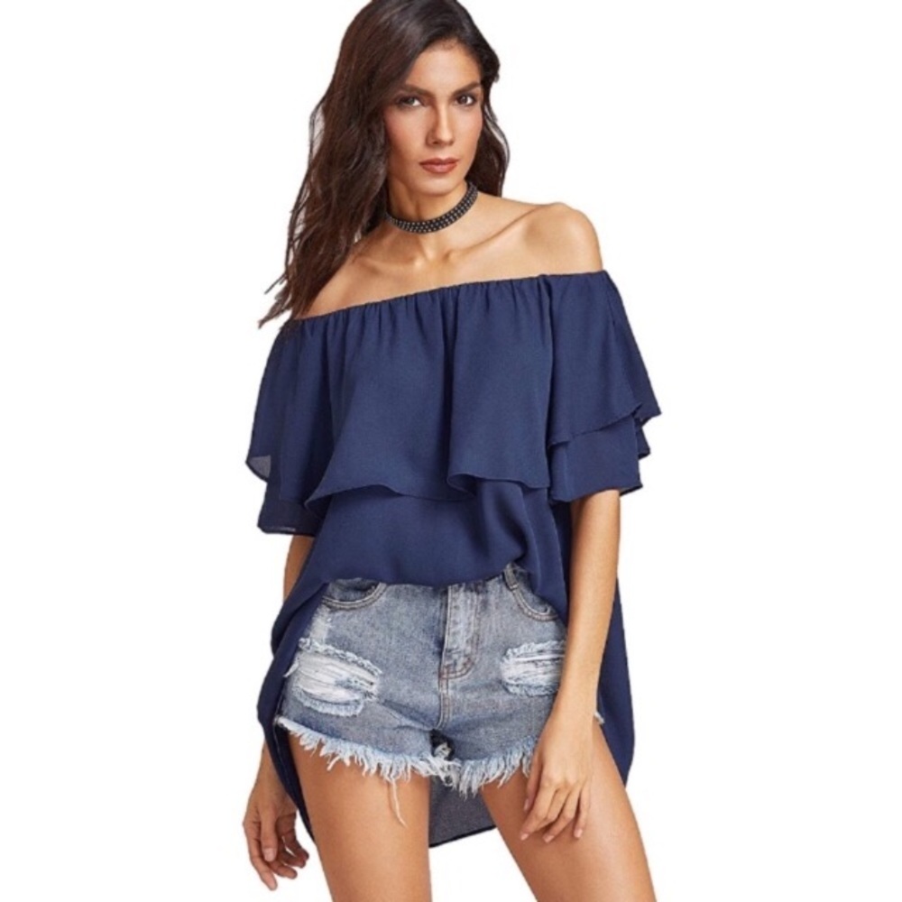 Off Shoulder Ruffled Overlay Tunic Blouse Navy - Picture 2 of 7